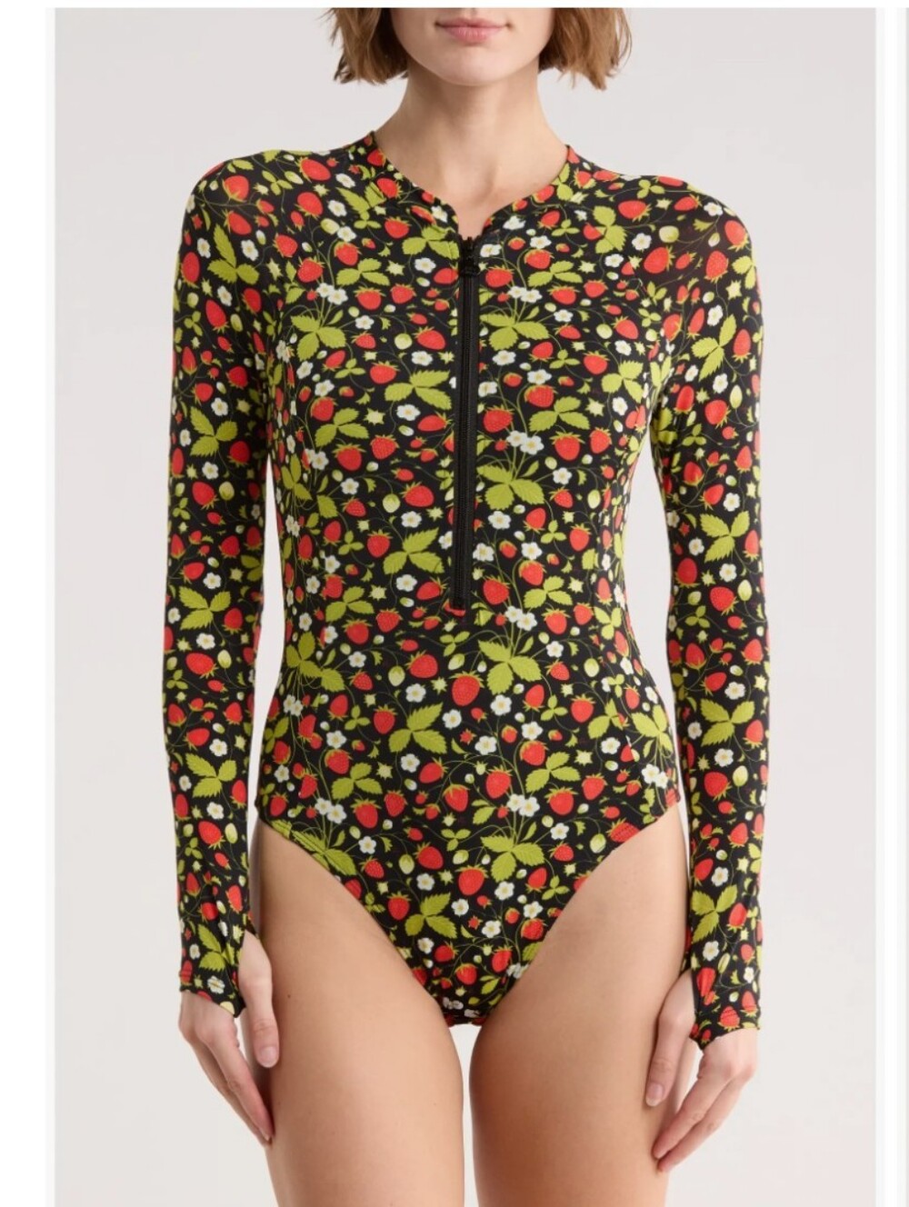 Betsey Johnson Strawberry Print Long Sleeve Scuba Zip Up Swimsuit Small
